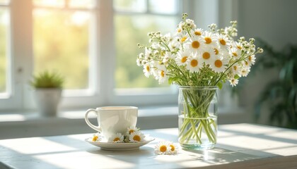 Bright morning sunlight streams through window, illuminating table. White cup with fresh daisies rests beside vase of blooming flowers. This peaceful indoor scene creates warm, cozy and relaxing mood.