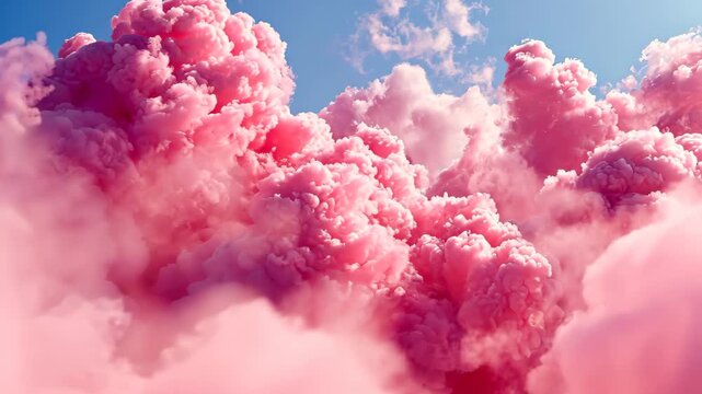 A pink cloud floats in the sky, contrasting against the serene blue sky in the background, Pink candyfloss clouds as a cheerful birthday background, AI Generated