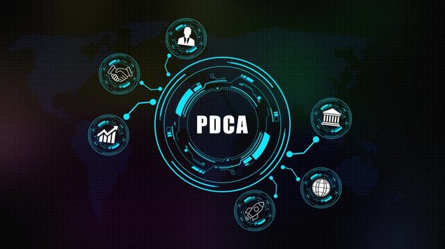 Futuristic Concept of PDCA with Digital Network and Global Connectivity on world map background .