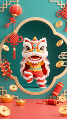 Naklejka premium 3D illustration depicts Chinese New Year lion dance with lanterns, firecrackers, and gold ingots, showcasing festive cultural elements.