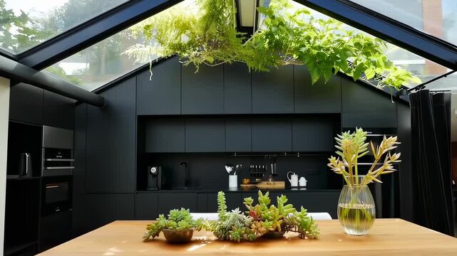 Modern black kitchen with glass roof and hanging plants
