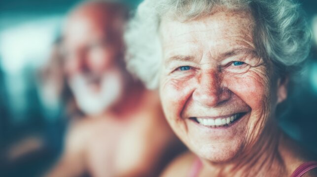 Senior woman smiles brightly during a joyful gathering at a sunny beach