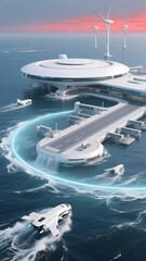 Fototapeta premium A futuristic sea-based transportation hub featuring advanced vehicles and wind turbines, showcasing innovative and sustainable transportation technology.
