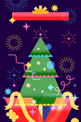 Open gift box with Christmas tree inside. Vector holiday design for New Year greeting cards, poster, banner, invitation
