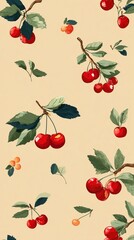 Cherry pattern with vibrant red fruit and green leaves on a soft beige background for stunning decorative design