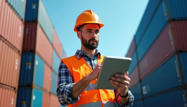 Man in hard hat, safety vest holds tablet near stacked shipping containers. Logistics worker checks cargo on digital device at port. Supply chain manager inspects freight on terminal. Port operations