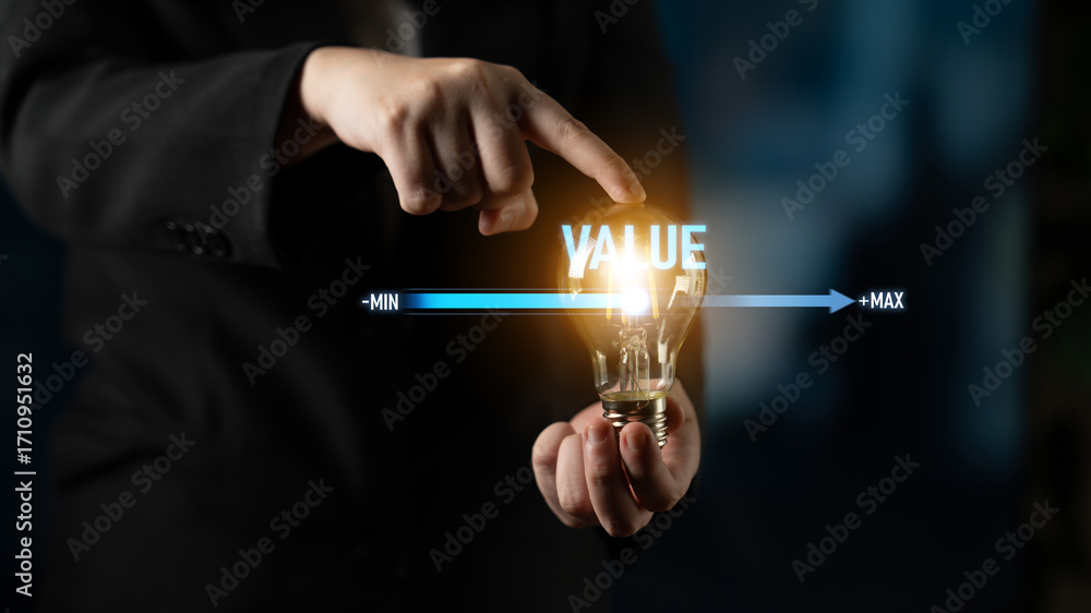 Aufkleber value measurement and adjustment concept showing value, performance, and optimization level with foc
