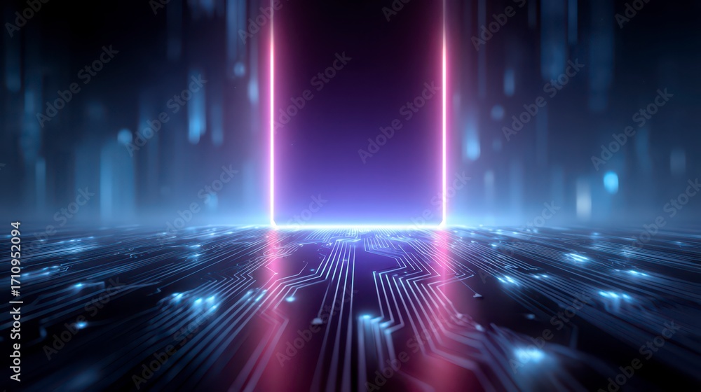 Poster neon gateway: a futuristic cityscape, where light and technology converge creating a vivid display o
