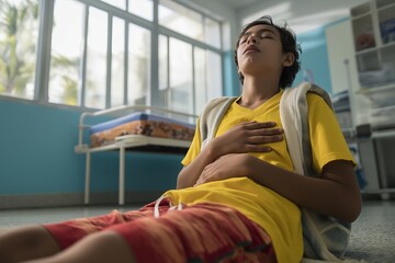 Young boy recovering from a child chest pain episode related to a heart problem