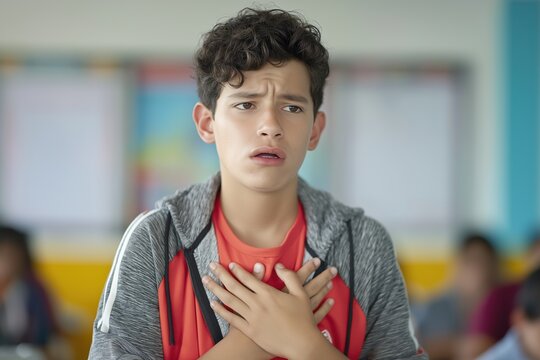 Frightened student with a child heart problem experiencing severe chest pain in class