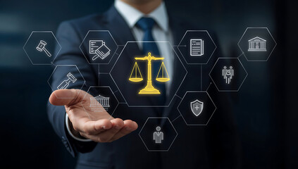 Lawyer presenting a network of legal icons and scales of justice in a digital interface
