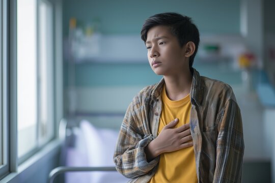 Young patient with a child heart problem contemplates his future in the hospital