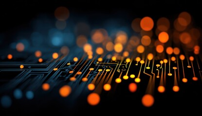 A close-up view of glowing circuit board patterns with warm orange and cool blue highlights.