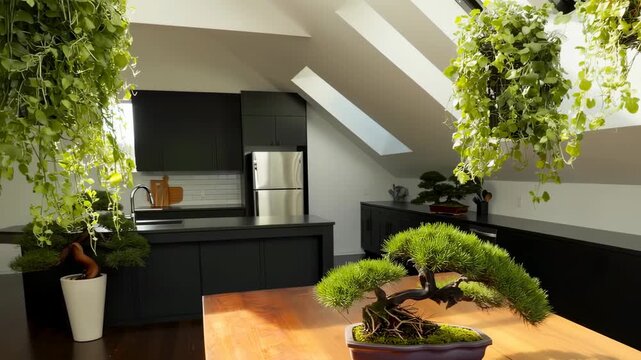 Modern black kitchen with skylight, hanging plants and bonsai
