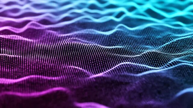 Abstract digital landscape of undulating points in vibrant hues.