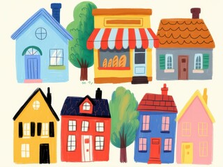 Cheerful cartoon houses and trees in a row blue house