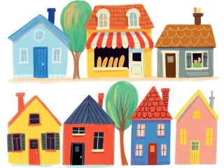 Colorful cartoon houses and trees in a village setting