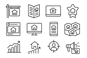 Fototapeta premium Real Estate Marketing Icons. Line style icons of real estate marketing: listing sign, brochure icon, video tour, featured listing
