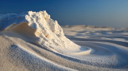White sand dune formation under a clear blue sky at sunset