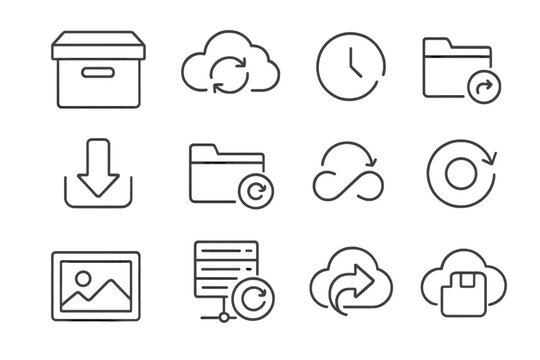 Data Backup Icons. Line style icons of data backup: archive box, cloud with refresh icon, history clock, incremental backup;