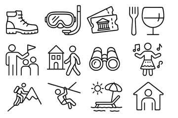 Travel Activity Icons. Line style icons of travel activities: hiking boots, snorkeling gear, museum ticket, food tasting; guided