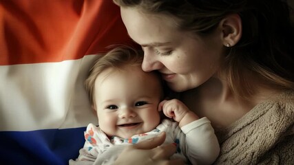 Mother lovingly feeds her baby against the backdrop of the Netherlands flag in a cozy setting, flag of netherlands over caucasian mother feeding baby - Powered by Adobe
