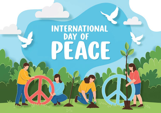 flat style illustration of people planting trees with peace symbols and doves, celebrating International Day of Peace with harmony, sustainability, and hope for a greener, peaceful future