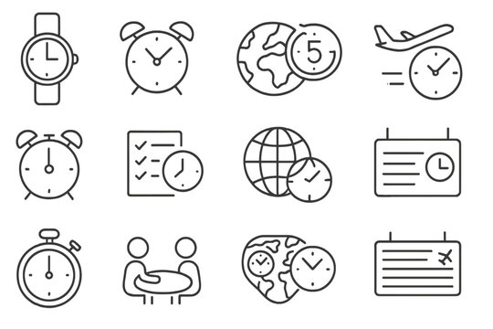 Time and Scheduling Icons. Line style icons of time and scheduling: wristwatch, travel clock, timezone map, flight countdown;
