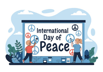 Colorful illustration of children painting mural peace signs and letters on a wall to celebrate International Day of Peace, promoting unity, creativity, and hope for a harmonious world