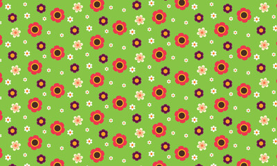 Cute сolorful flowers pattern in flat style. Seamless botanical vector ornament on green background for cover, textile, fabric, interior, ceramic, wallpaper, paper decoration