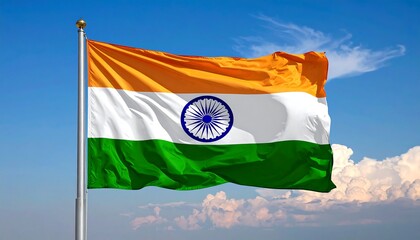 A vibrant flag, bearing saffron, white, and green stripes with a blue wheel, waves freely against a clear, cloudy sky