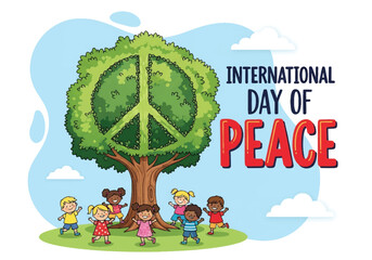 Flat illustration of children playing under a tree shaped like a peace symbol, celebrating International Day of Peace and promoting unity, harmony, environment, and a better future