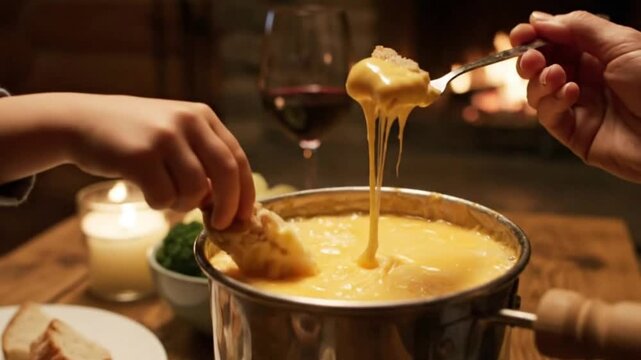 A delicious traditional swiss cheese fondue being shared by a couple dipping bread and pulling long strings of warm gooey melted cheese from a pot