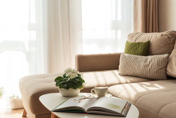 Cozy Living Room with Coffee, Book and African Violet on Table