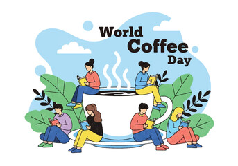 Flat illustration of people reading books around a giant steaming coffee cup, celebrating World Coffee Day, symbolizing relaxation, culture, learning, and the joy of coffee with knowledge