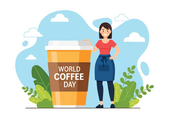 Flat illustration of a woman standing beside a giant coffee cup, celebrating World Coffee Day and highlighting the love for coffee, lifestyle, energy, and global coffee culture