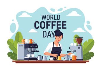 flat style illustration of a barista preparing drinks with coffee machines, celebrating World Coffee Day and highlighting coffee culture, lifestyle, and the art of brewing