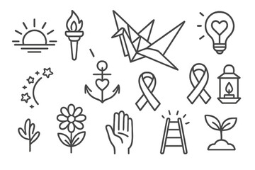 Icons of Hope. Line style icons of symbols of hope: sunrise, torch, paper crane, lightbulb with heart; star path, anchor with