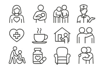 Caregiving Icon Collection. Line style icons of caregiving symbols: caregiver with heart, holding baby, elderly support, caring