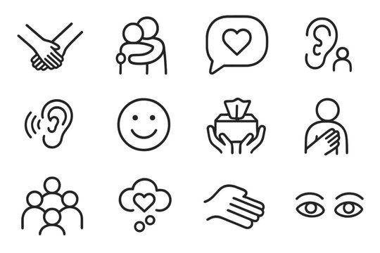 Emotional Support Icons. Line style icons of emotional support: supportive arms, hug, kind gesture, comforting hand; chat bubble