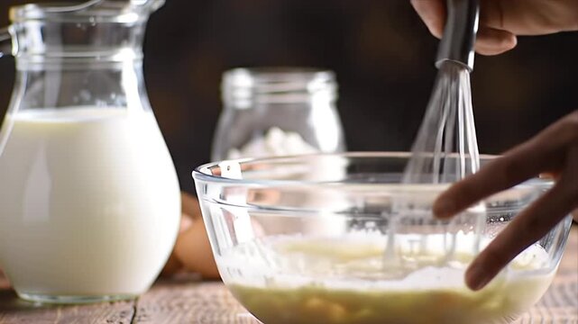 Close Up of Woman Whisking Batter in a Glass Bowl with Milk and Eggs on Wooden Table