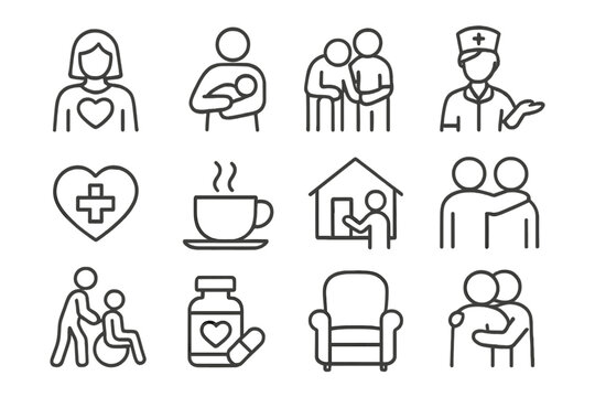 Caregiving Icon Collection. Line style icons of caregiving symbols: caregiver with heart, holding baby, elderly support, caring