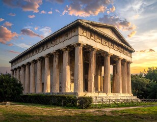 A magnificent ancient temple structure stands proudly against a dramatic sunset sky, showcasing its impressive columns and architectural details.