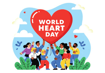Flat illustration of diverse people holding a giant heart balloon, celebrating World Heart Day and promoting cardiovascular health, wellness, community support, and awareness for a healthy lifestyle