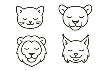 Serene Feline Icons. Line style icons of relaxed feline faces: sleeping kitten, calm puma, soft-eyed lion, smiling lynx; closed
