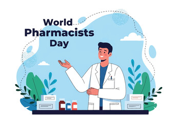 Flat illustration of a smiling pharmacist with medicine bottles and prescriptions on a counter, celebrating World Pharmacists Day and recognizing healthcare, trust, and pharmaceutical services