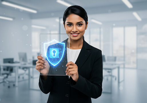 A professional woman holds a digital security shield, representing cybersecurity and data protection in a modern office setting