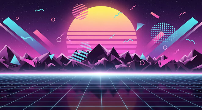 Retro synthwave landscape with grid mountains sun and geometric shapes against a starry background ai generated