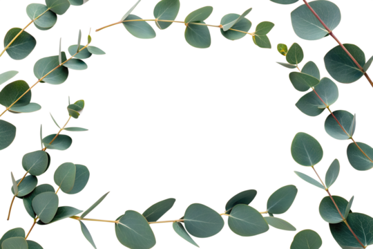 Delicate eucalyptus branches with round leaves forming a natural frame against a deep black background