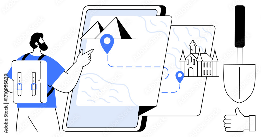 Poster traveler pointing at a digital map showing a route between mountains and a castle, surrounded by tra